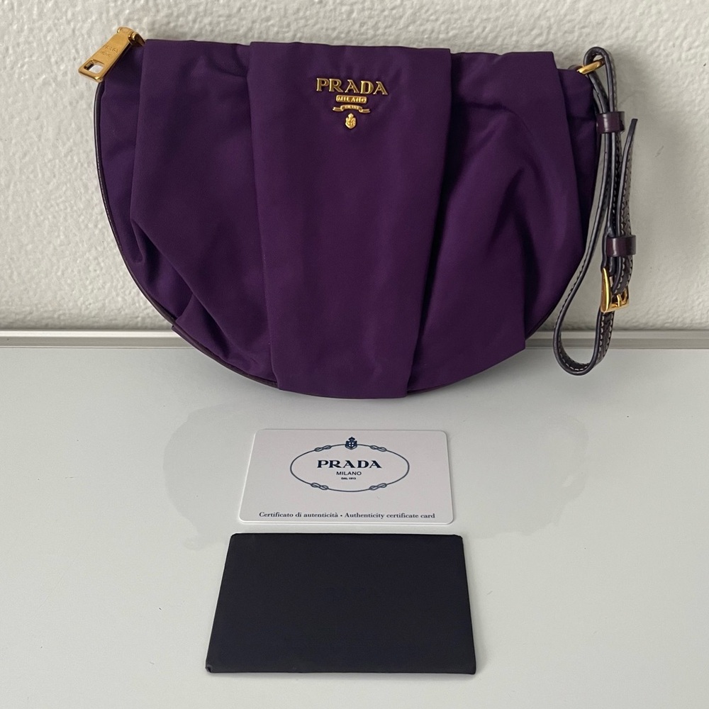 PRADA Wristlet Clutch Tessuto Anemone - NEW - Purple Plum Gold - Cards Included